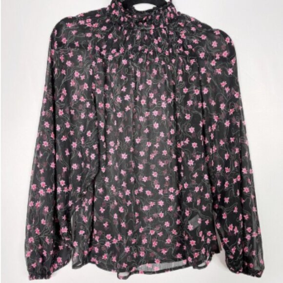 Elizabeth and James Women's Smocked Mock Neck Sheer Long Sleeve Floral Top XL - Picture 1 of 14